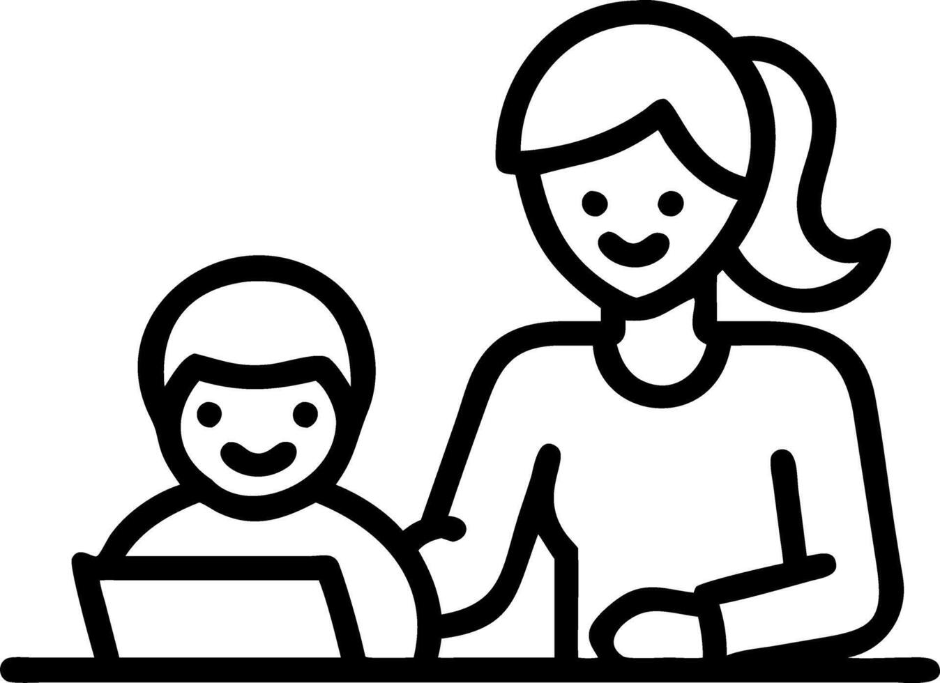 A woman delightfully helping her child with homework during a work break vector