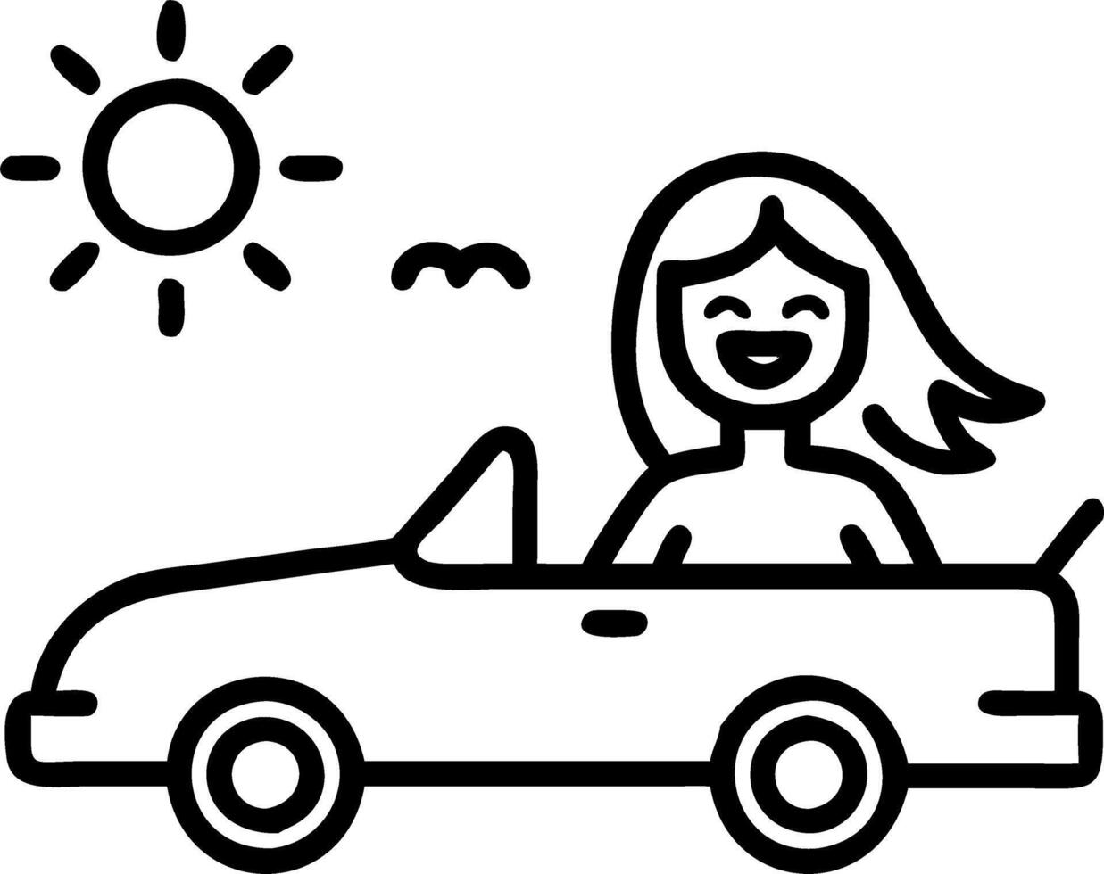 A young woman laughing while driving a convertible along a coastal highway vector
