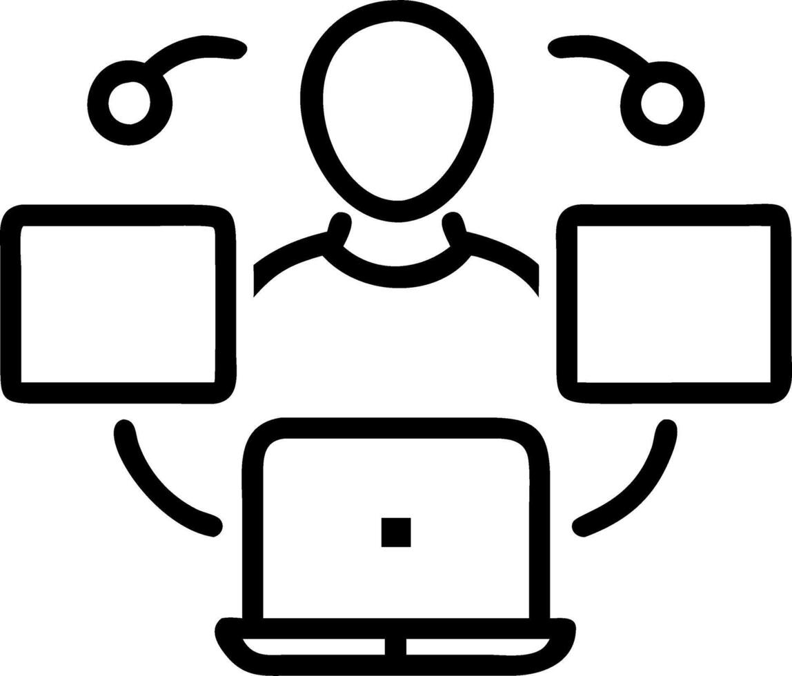 Abstract digital art of a person working remotely with multiple digital screens in a soft bokeh background vector