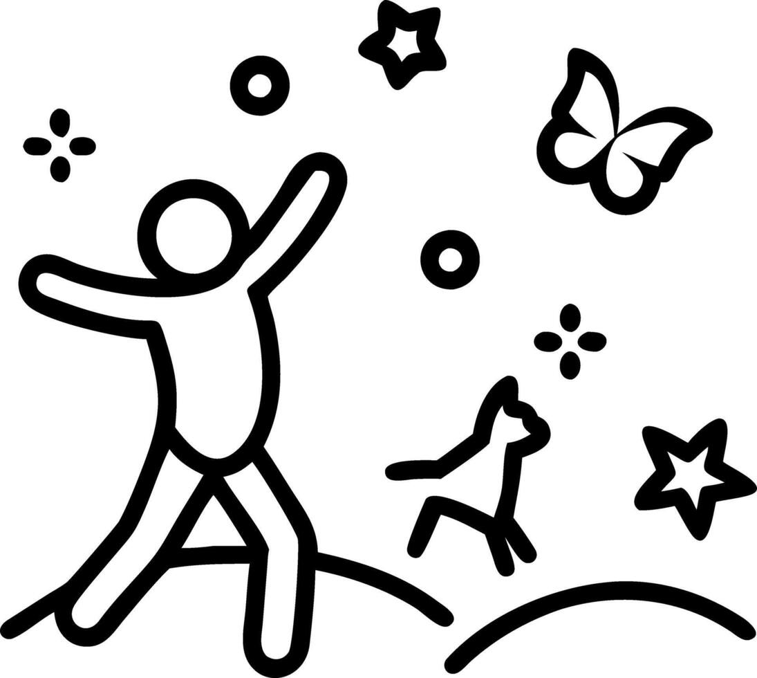 Abstract image of a person dancing with butterflies and a small dog in a field under soft colorful lights vector