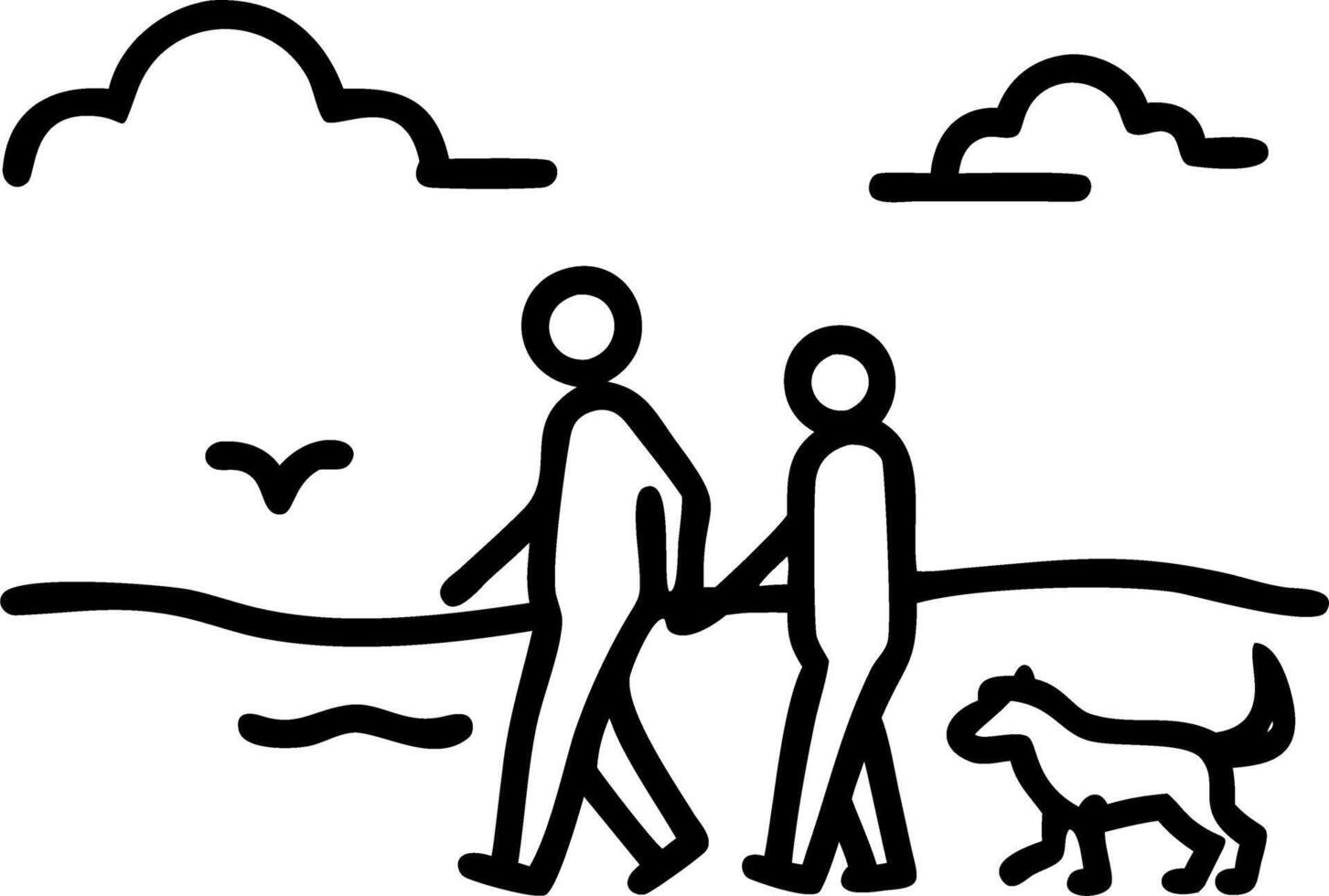 Candid moment of a family walking their dog along a beach at sunset vector