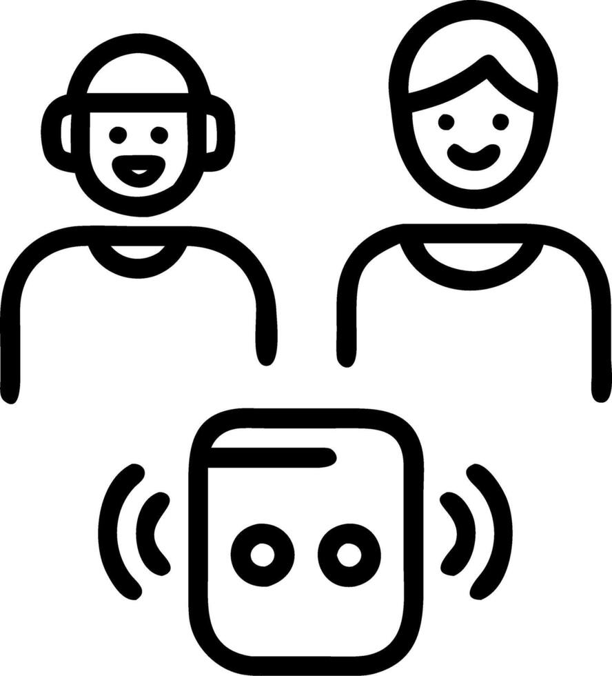 Close up of a futuristic personal AI assistant device being used by a young adult and their elderly grandparent vector