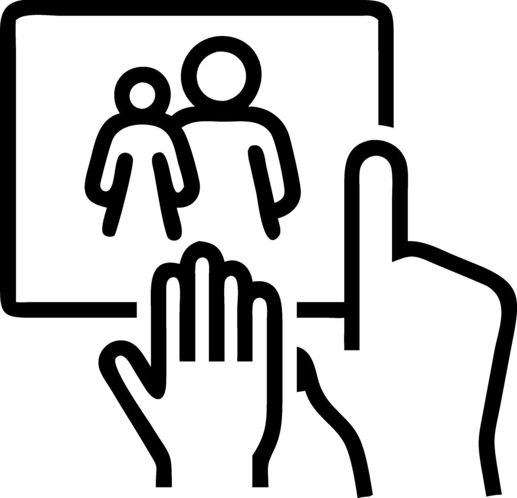 Close up of an elderly womans hand touching a holographic projection of a family photo vector