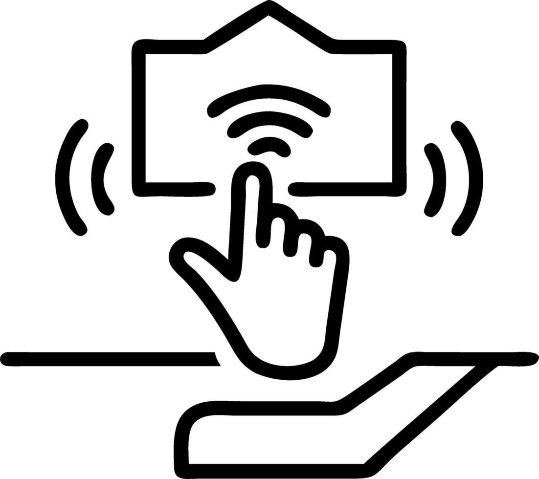 Close up of hand swiping holographic interface in mid air vector