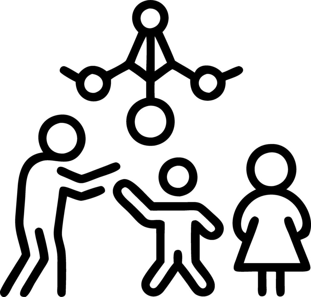 Close up of parents and children decorating a futuristic holographic Christmas tree vector