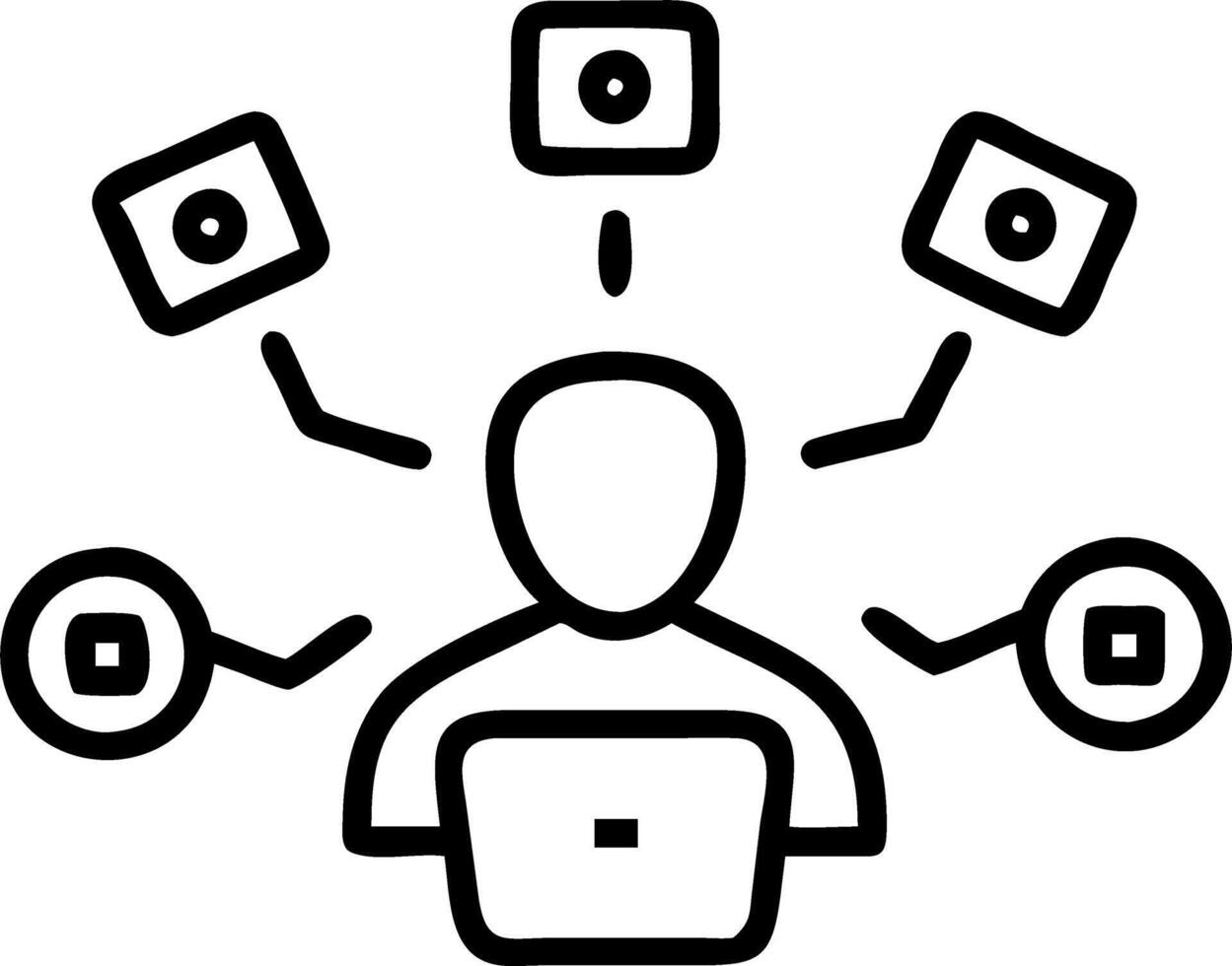 Digital art of person surrounded by floating bokeh icons representing remote work tools vector