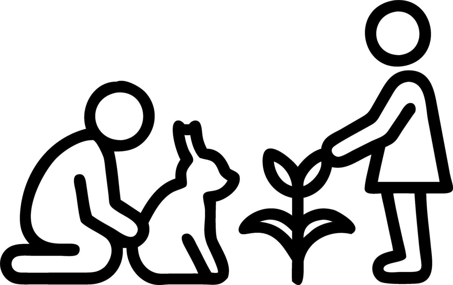 Family planting garden with pet rabbit nearby vector