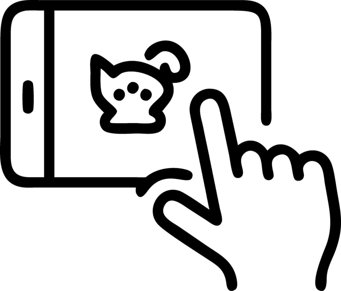 Macro shot of childs finger interacting with AI pet on tablet vector
