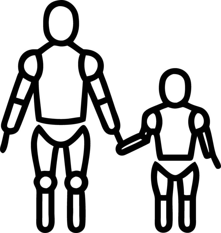 Macro view of a futuristic wearable exoskeleton being worn by a teenager and their elderly parent vector