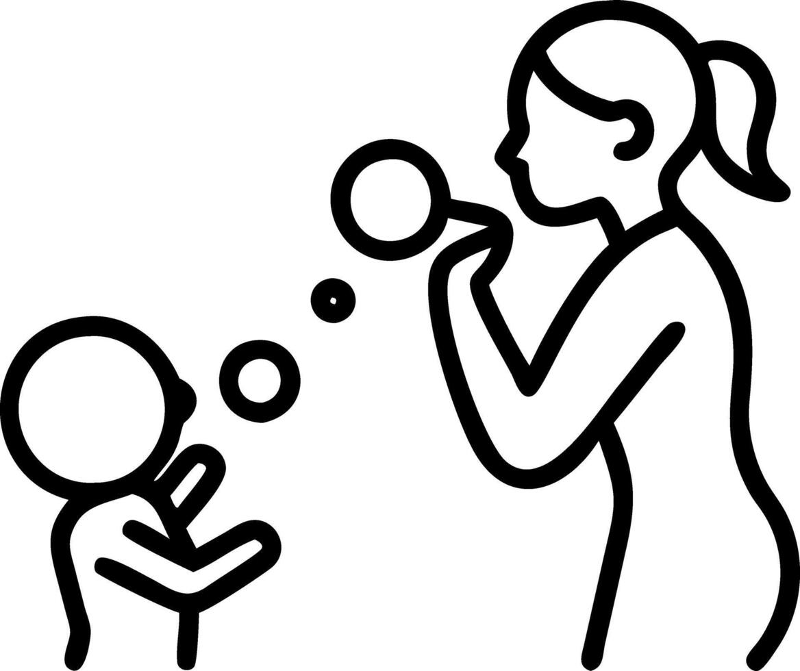 Mother blowing bubbles with baby in a park candid with copy space vector