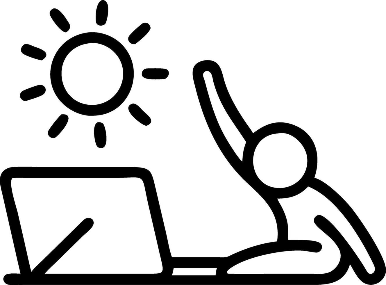 Person stretching near laptop with bokeh sunrise in background vector