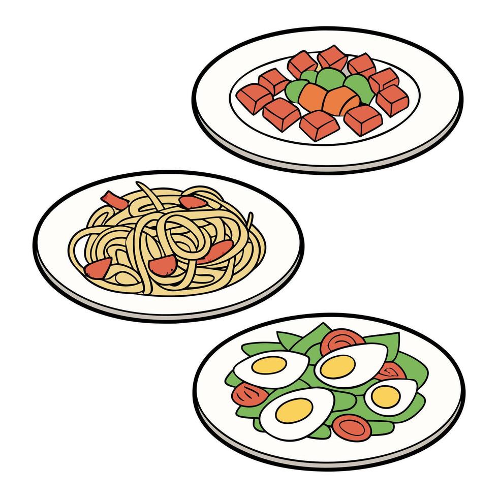 Three plates with pasta, eggs and meat vector