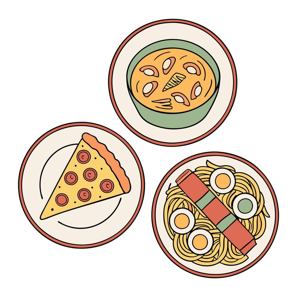 Three plates with food on them, including pasta, pizza and eggs vector
