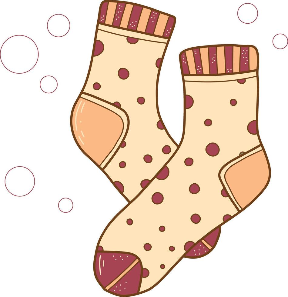 Hand drawn illustrations of warm socks. Knitted wool clothing. Outlines of elements of winter clothing. Red patterned sock vector
