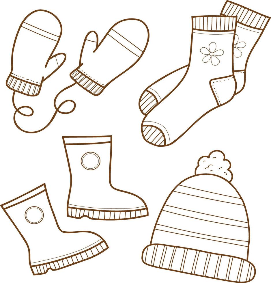 Set of color icons of warm clothes. Warm clothes, socks, hat, mittens, boots. Line drawing, graphics Comfortable lifestyle. vector