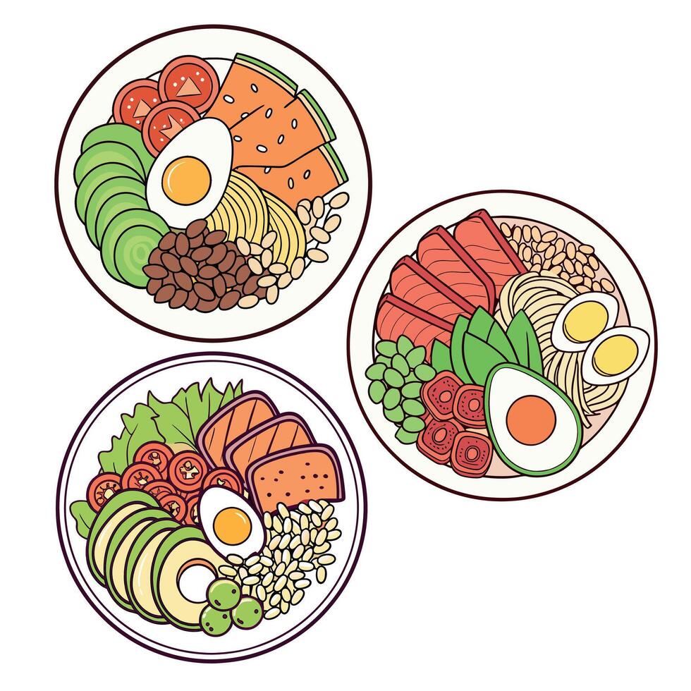 Three plates with different types of food Top view vector