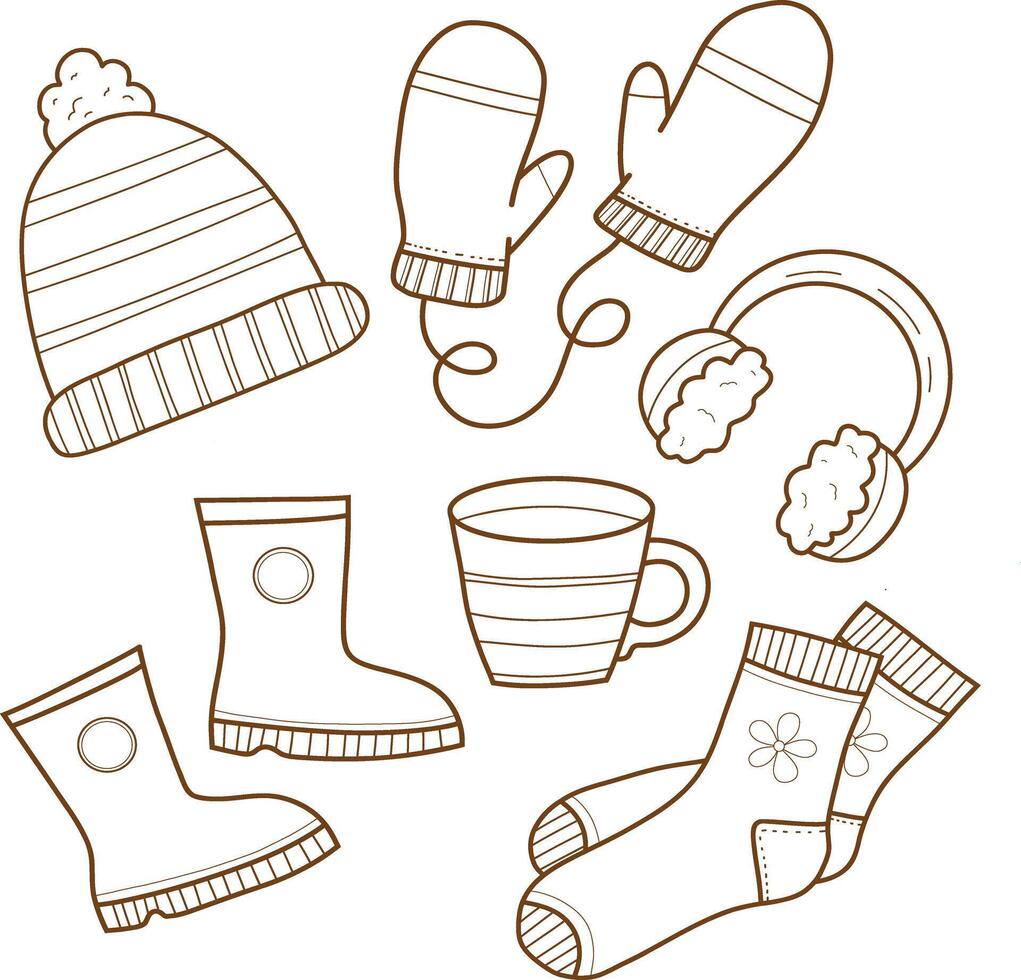 Set of color icons of warm clothes. Warm clothes, socks, hat, mittens, boots. Comfortable lifestyle. vector