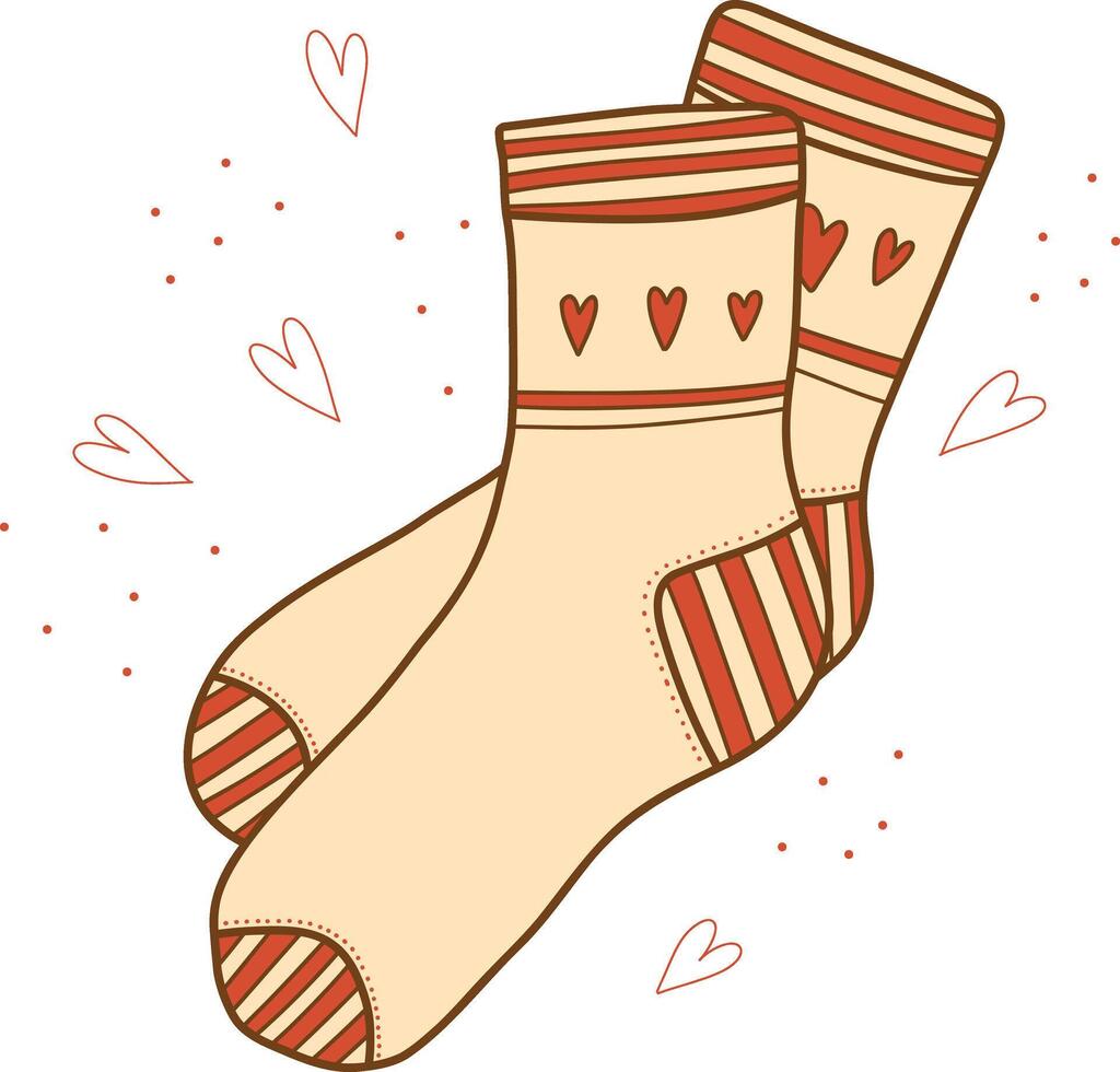 Hand drawn illustrations of warm socks. Knitted wool clothing. Outlines of elements of winter clothing. Sock with a heart pattern vector