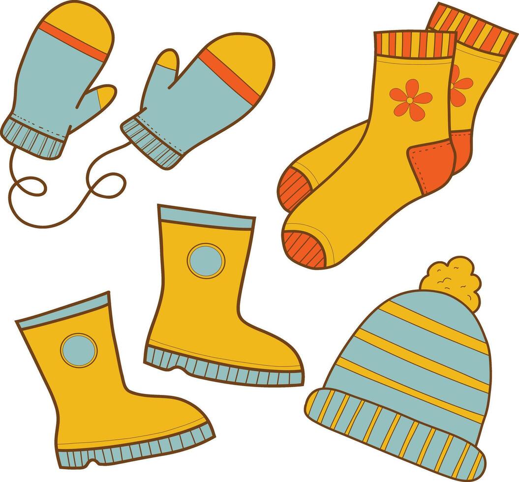 Set of color icons of winter clothes. Ilustration. Traditional winter symbols. warm clothes, socks, hat, mittens, boots. Comfortable lifestyle vector