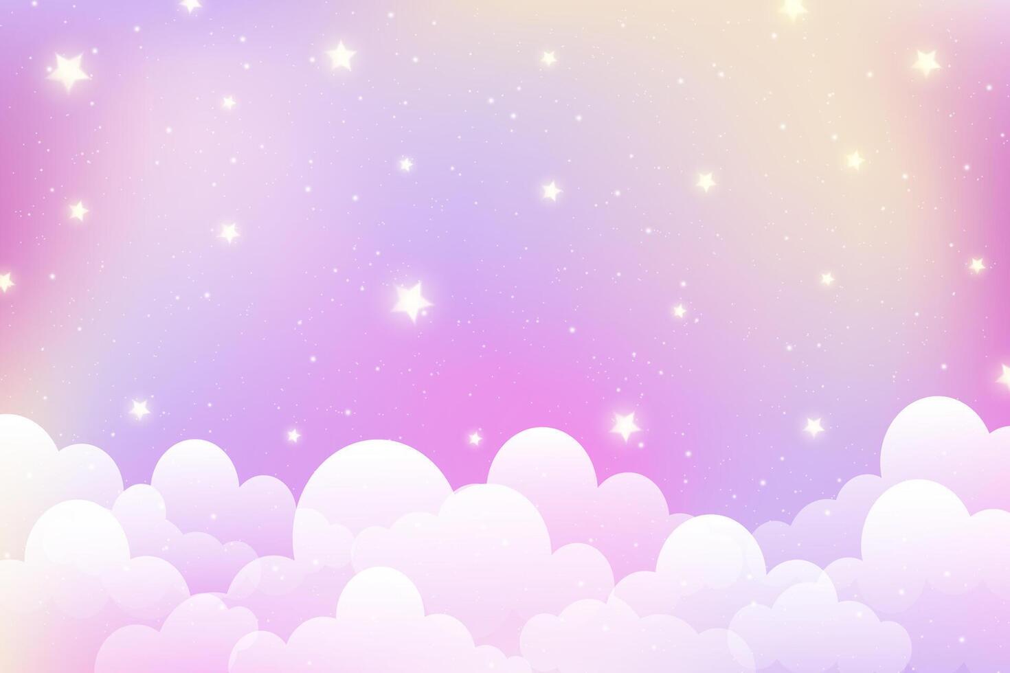 Cloudy sky background with cute stars. Magic pink pastel abstract landscape. Dreamy girly abstract backdrop. Cartoon soft gradient wallpaper with glitter and sparkles. vector