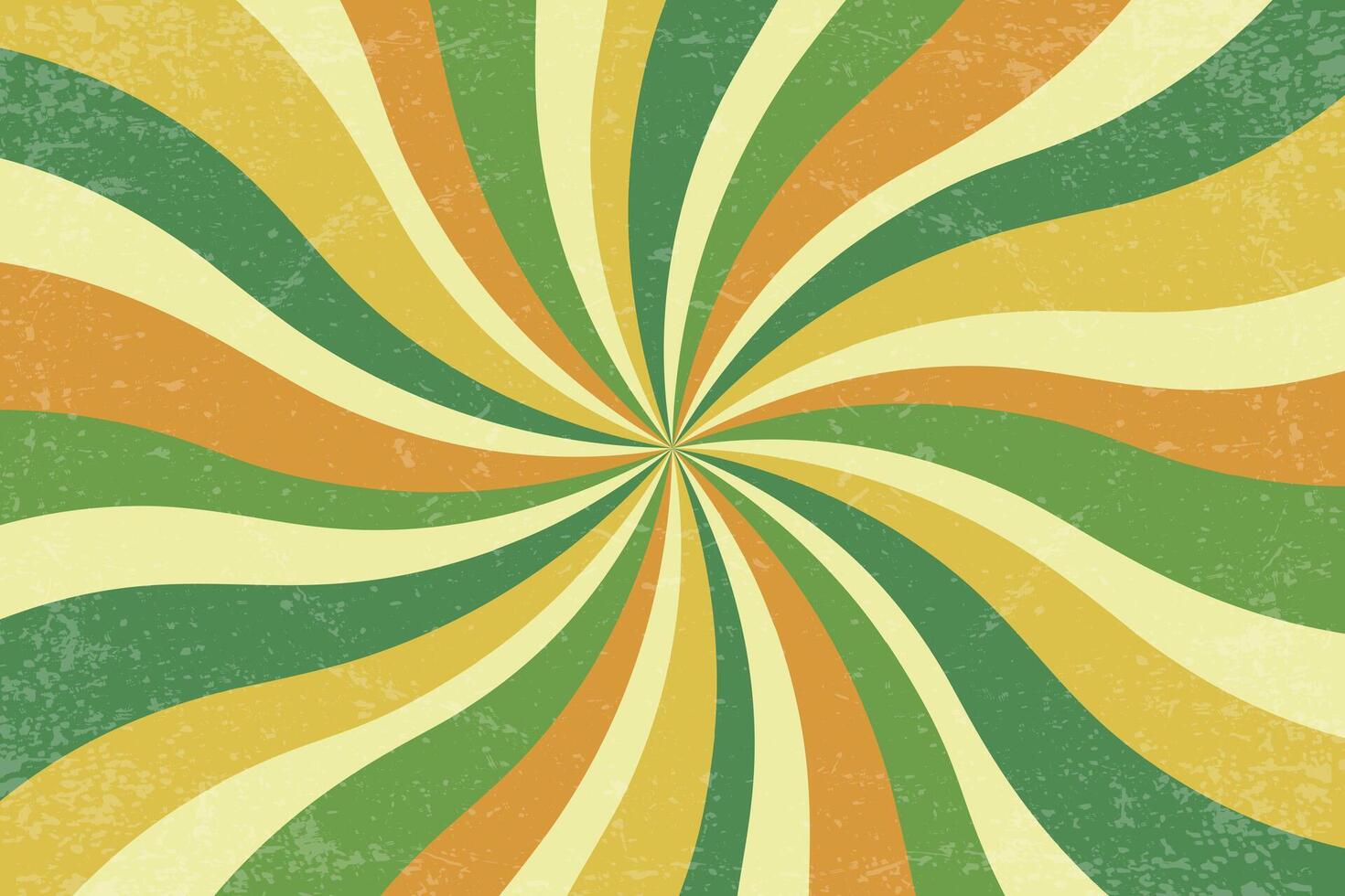 Retro spiral background. Groovy swirl vintage radial sunburst. Psychedelic abstract green wavy textured stripes. 70s funky poster. Hypnotic circular illustration vector