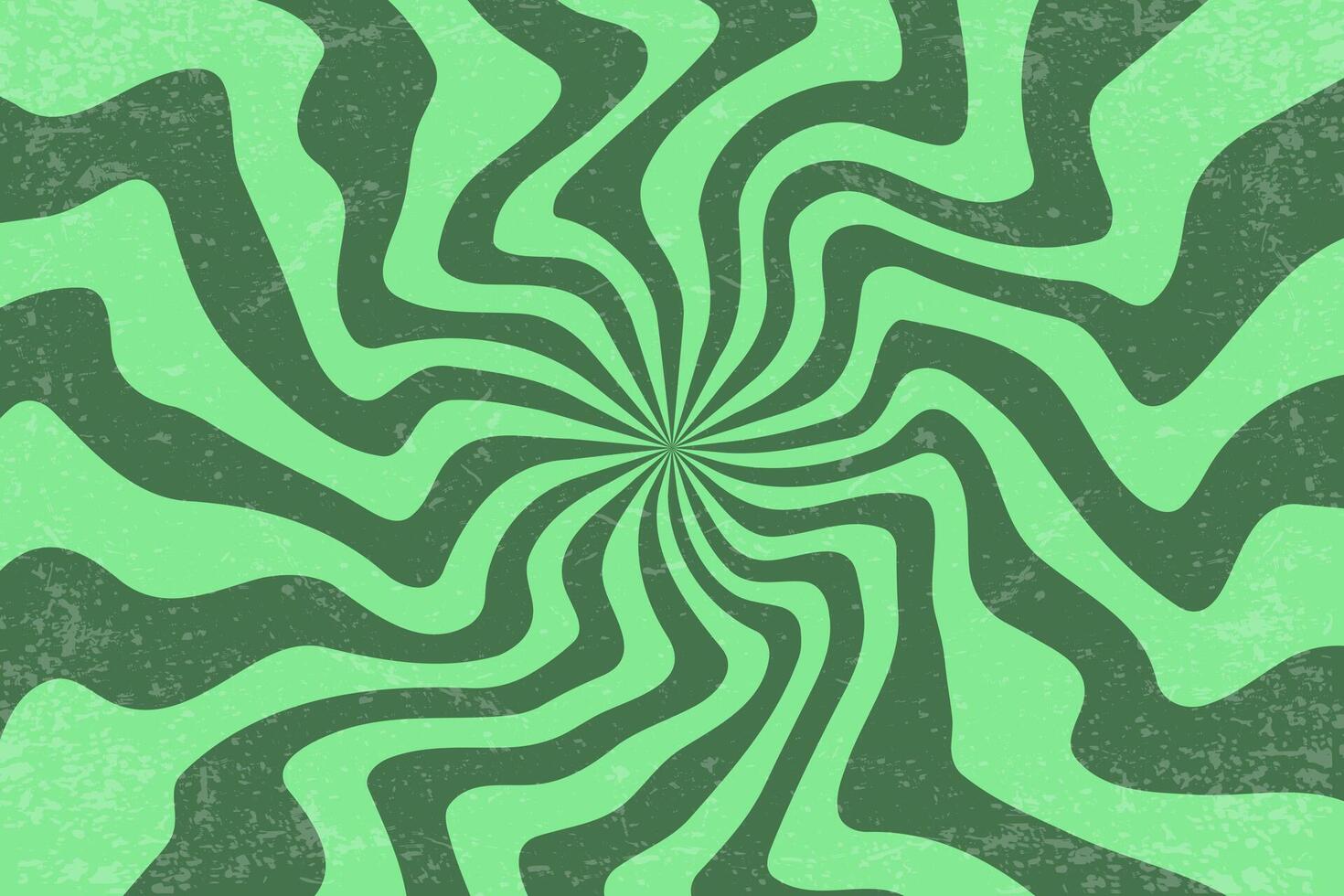 Spiral retro background with psychedelic swirl pattern. groovy sun rays with vintage texture. Abstract twirl 70s green bg with wavy stripes. Summer funky hypnotic poster. vector
