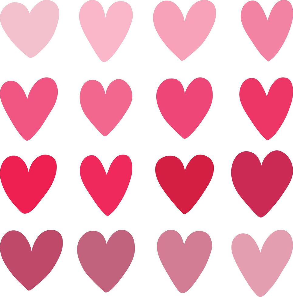 Big set of pink hearts. Shapes of love symbols on a white background. Set of Valentine's Day outlines and red silhouettes. Colored flat graphics. Stickers on social networks vector