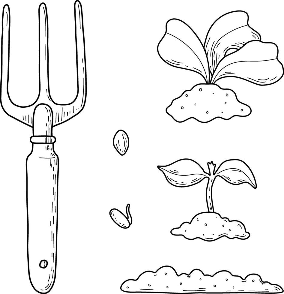 Gardening tools, pitchforks, seeds, sprouts, seedlings, soil. Outline drawing vector