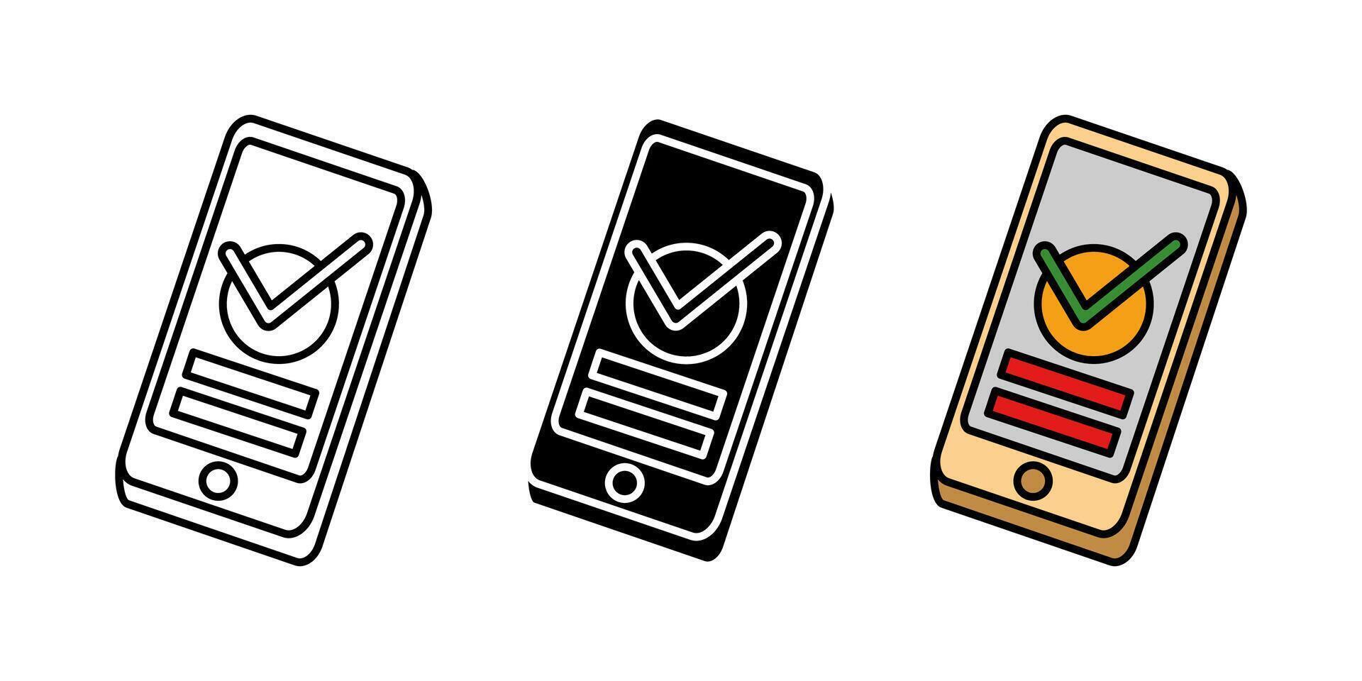 Phone with checkmark icon. Mobile phone payment confirmation illustration. Smartphone call answer symbol. App access or success correct sign. Phone screen with check mark pictogram. OK concept. vector
