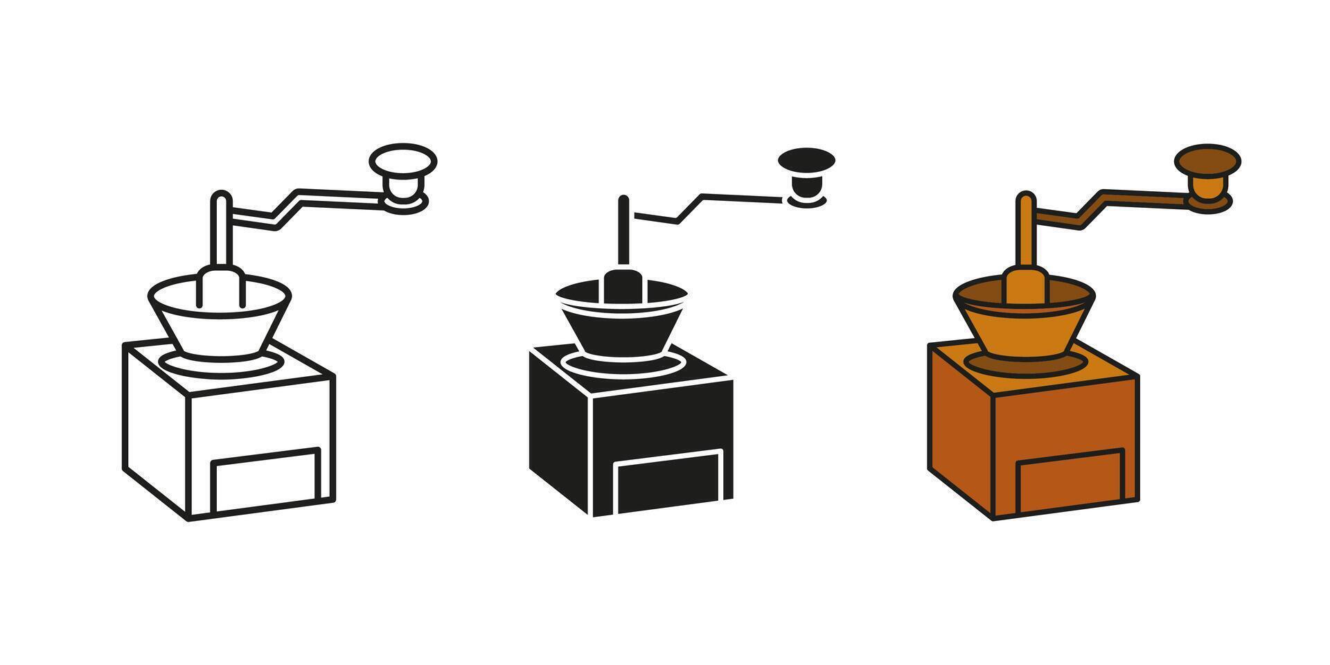 Coffee grinder icon. Manual coffee mill machine illustration. Vintage coffee grinder with rotating handle symbol. Manual coffeemaker grinding sign. Retro kitchen appliance antique coffee bean vector