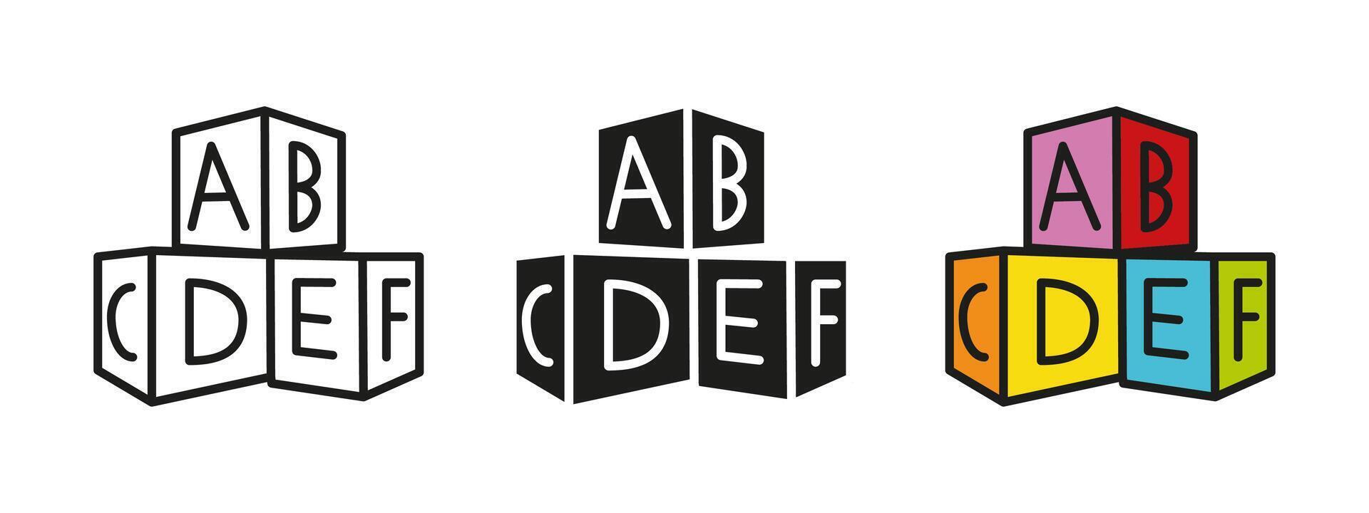 ABC blocks toy icon. Alphabet cubes illustration. Colorful children education ABC block symbol. Preschool reading learning sign. Cube with letter pictogram. Elementary toddler teaching concept. vector