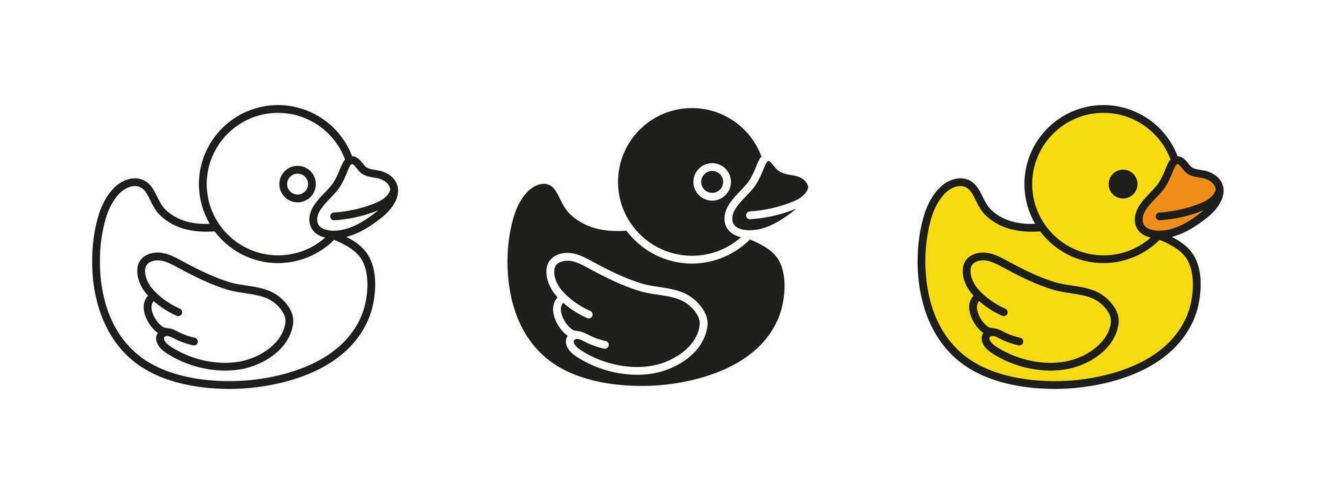 Bath duck icon. Duck toy illustration. Cute rubber baby duckling symbol. Inflatable floating duck toy sign. Bathing plastic toy pictogram. Water bird animal concept isolated. vector