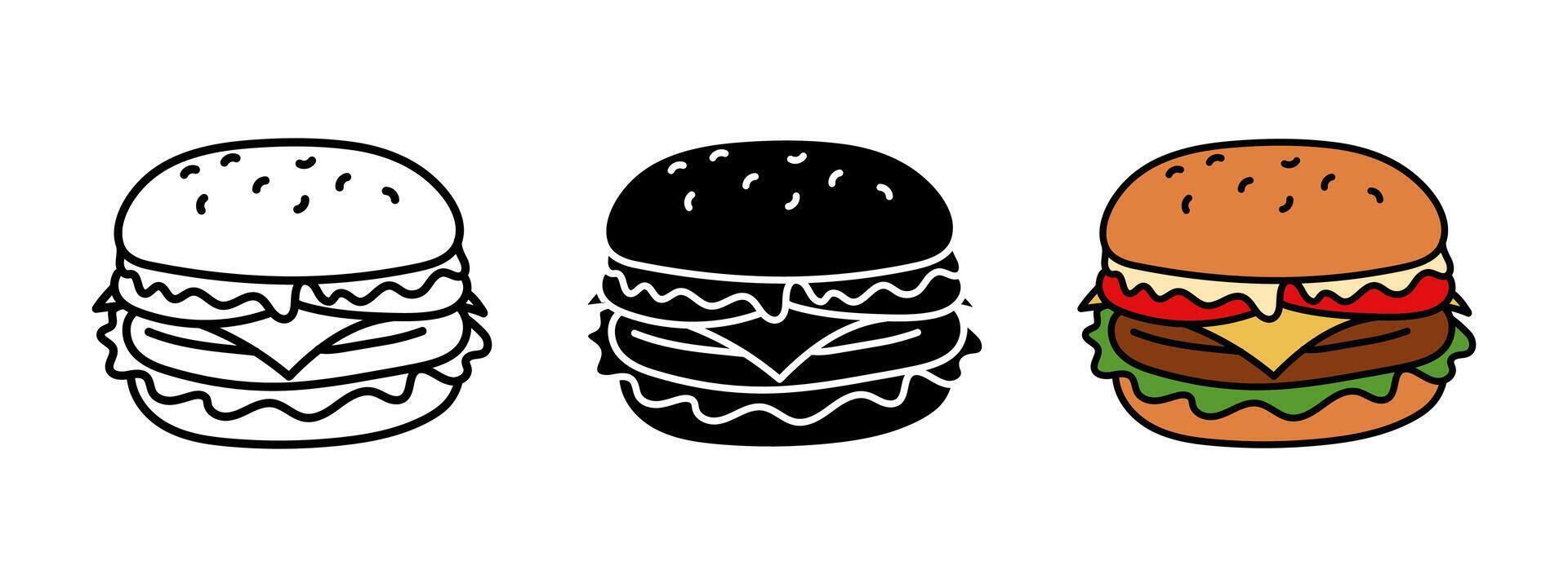 Burger icon. Hamburger illustration. Cheeseburger symbol. American fast food eatery logo. Sandwich with sesame bun, beef, cheese, tomatoes and lettuce. Burger silhouette. Colorful cartoon snack vector