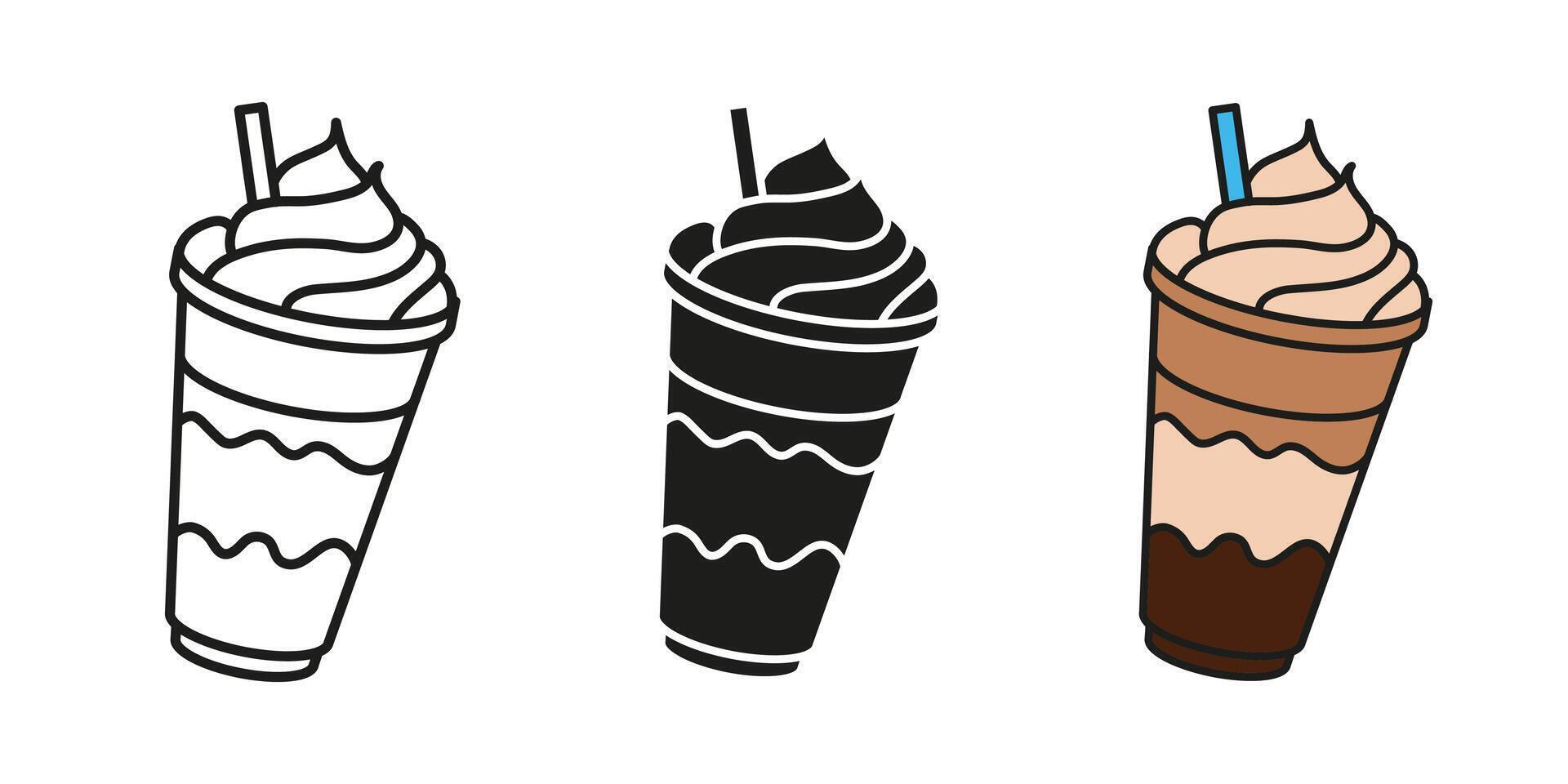 Ice latte icon. Coffee with whipped cream in transparent plastic cup illustration. Frappe with straw symbol. Hot drink menu sign. Cafe or cafeteria hot beverage pictogram. Puff coffee concept. vector