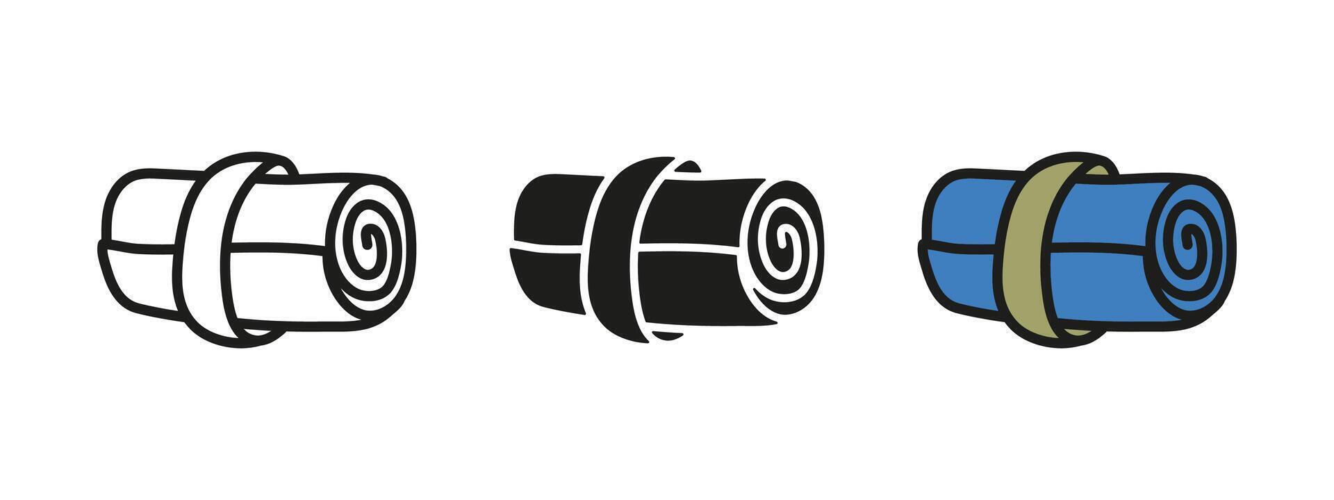 Mat roll icon. Rolled yoga mat illustration. Camping mattress symbol. Fitness carpet sign. Gym rug scroll pictogram. Simple mat roll isolated concept. vector