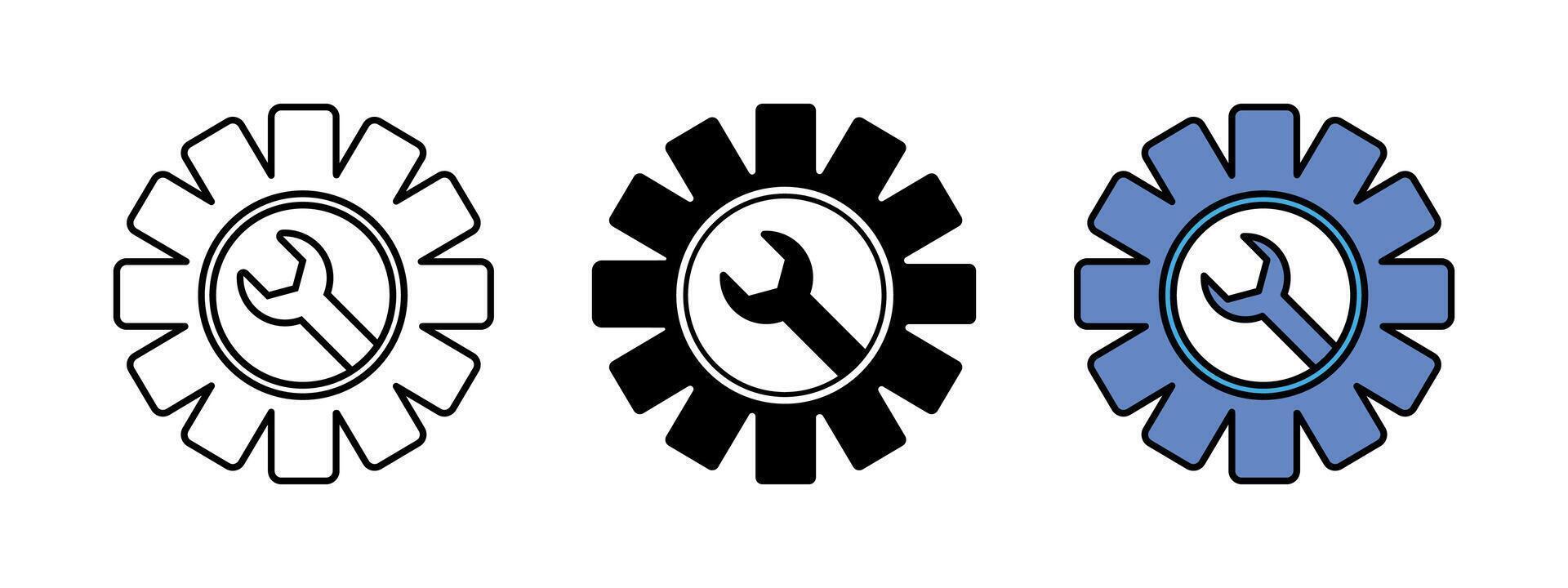 Settings cog illustration. Gear with wrench icon. Repair tool mechanic symbol. Cogwheel with spanner industrial factory sign. Hardware development pictogram. Engineering workshop concept. vector
