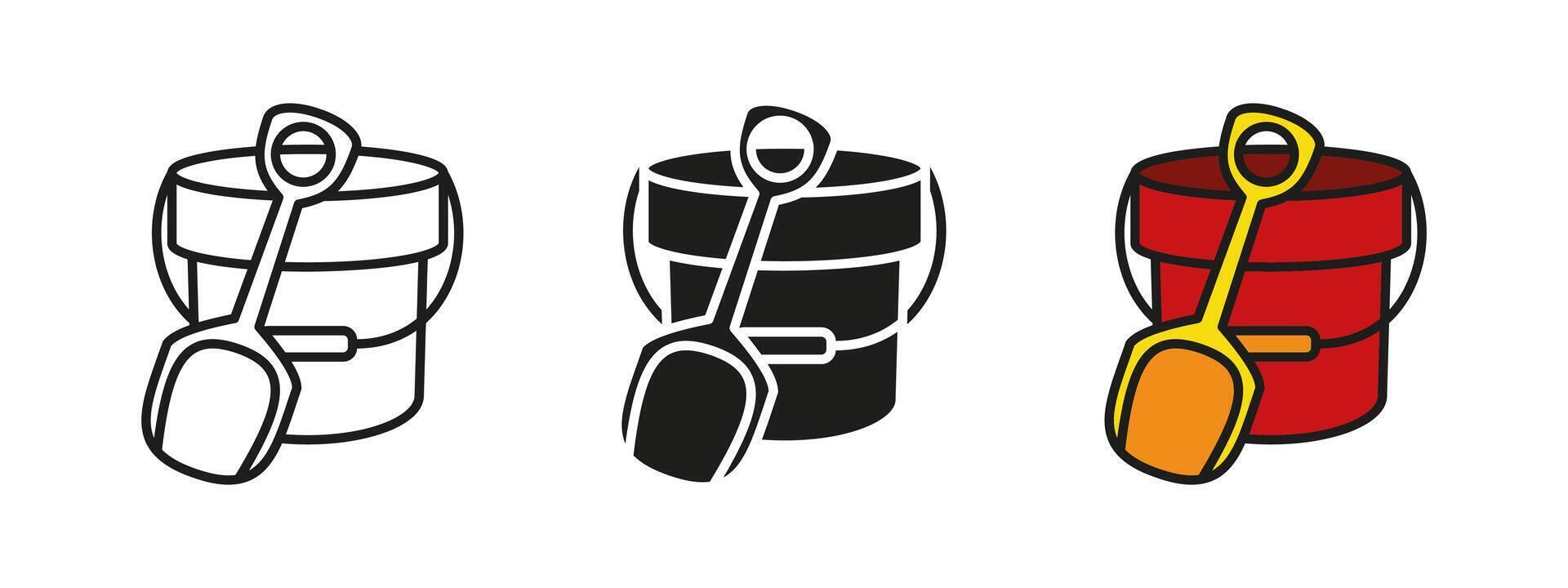 Bucket and shovel toy icon. Sandbox toys illustration. Beach spade and pail symbol. Children outdoor toys sign. Childhood summer leisure pictogram. Kids play sand bucket and spatula concept. vector