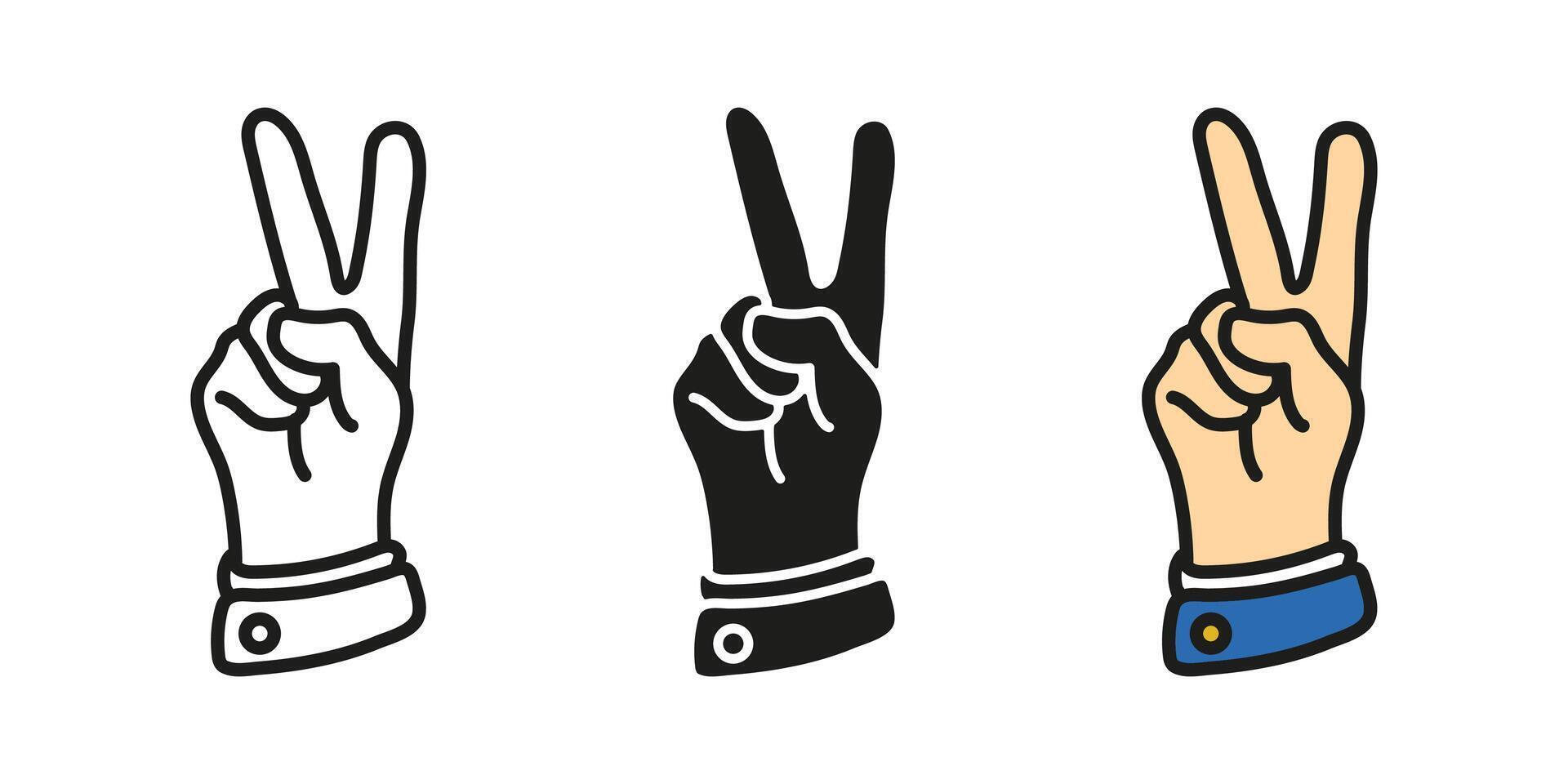 Peace gesture icon. Peace two fingers hand sign. Victory human palm symbol. V 2 fingers pictogram. Hand showing freedom or success gesture illustration. Winner hand sign concept. vector