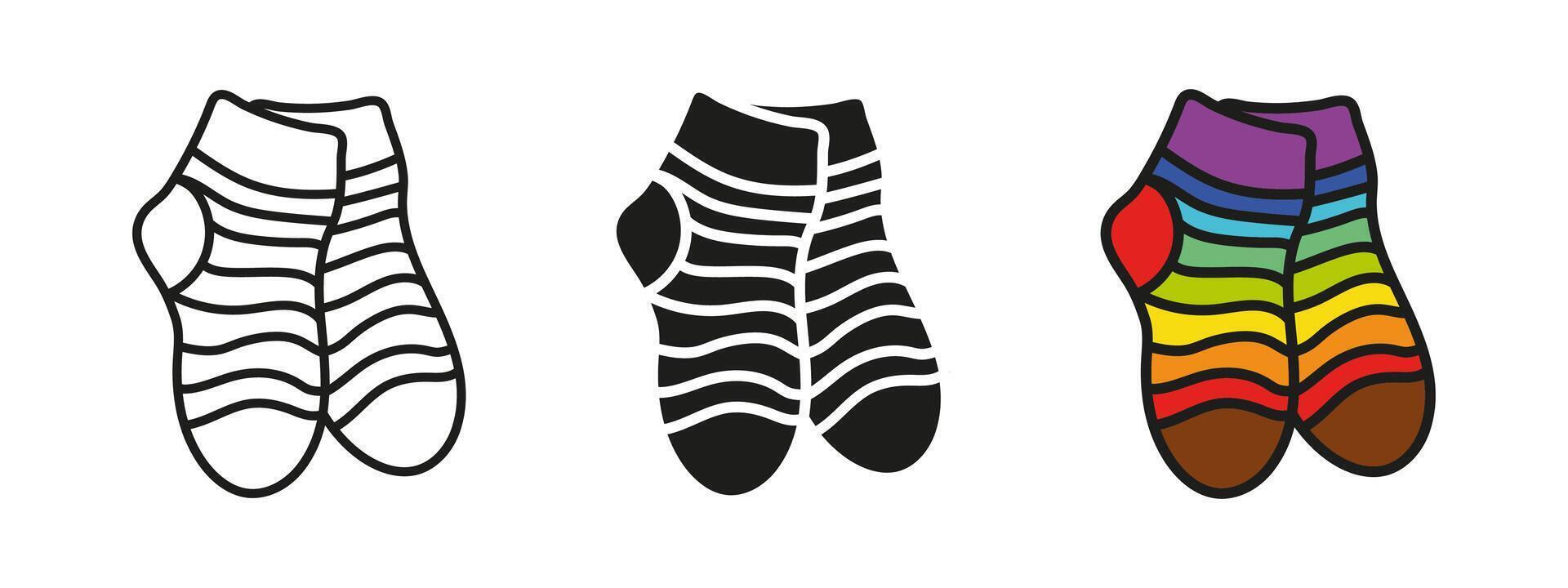 Stripped socks icon. Pair of colorful rainbow socks illustration. Warm clothes symbol. Woolen knitted stocking sign. Feet clothing colored sock pictogram. Cute kids knitwear concept isolated. vector