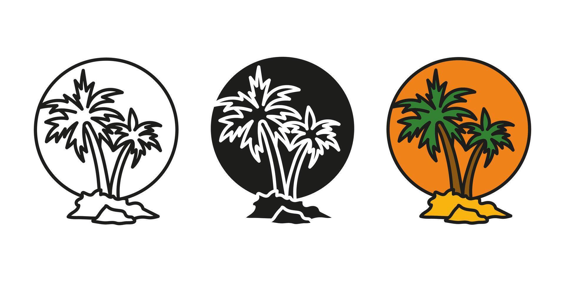 Palm tree with sun icon. Palm tree with sunset landscape illustration. Summer vibes concept. Vacation tour symbol. Tropical island silhouette. Exotic trip sign. Hawaii travel tour pictogram. vector