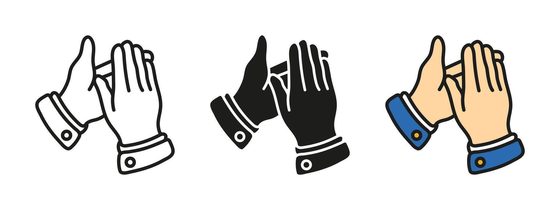Clapping hands icon. Applause hand gesture illustration. Cheering symbol. Appreciation pictogram. Hands clapping isolated concept in three different styles. Outline, black and colored hands. vector
