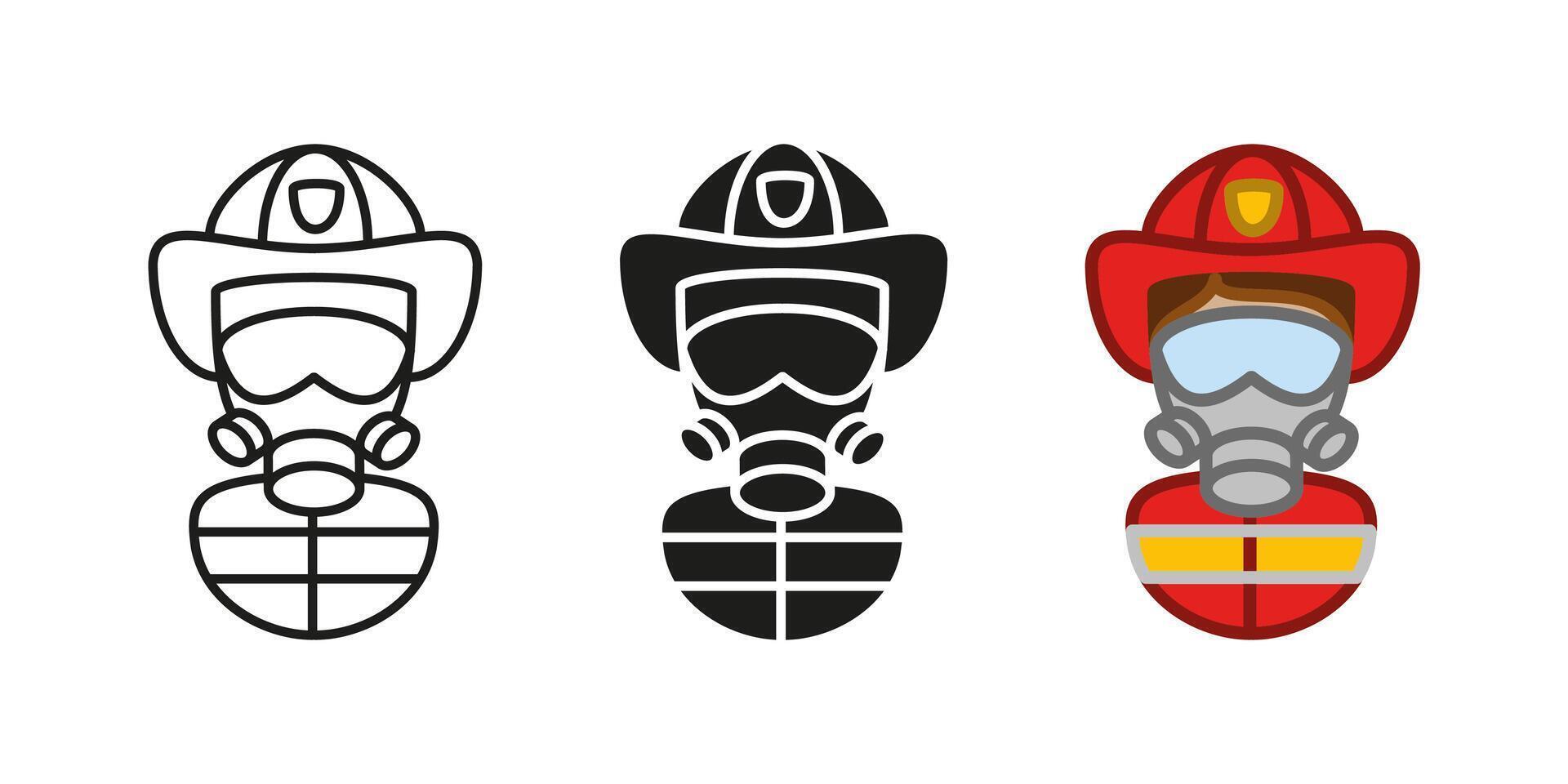 Firefighter character icon. Fireman uniform illustration. Fire department symbol. Emergency service profession avatar. Fire station rescue man silhouette. Extinguisher fireman profession sign. vector