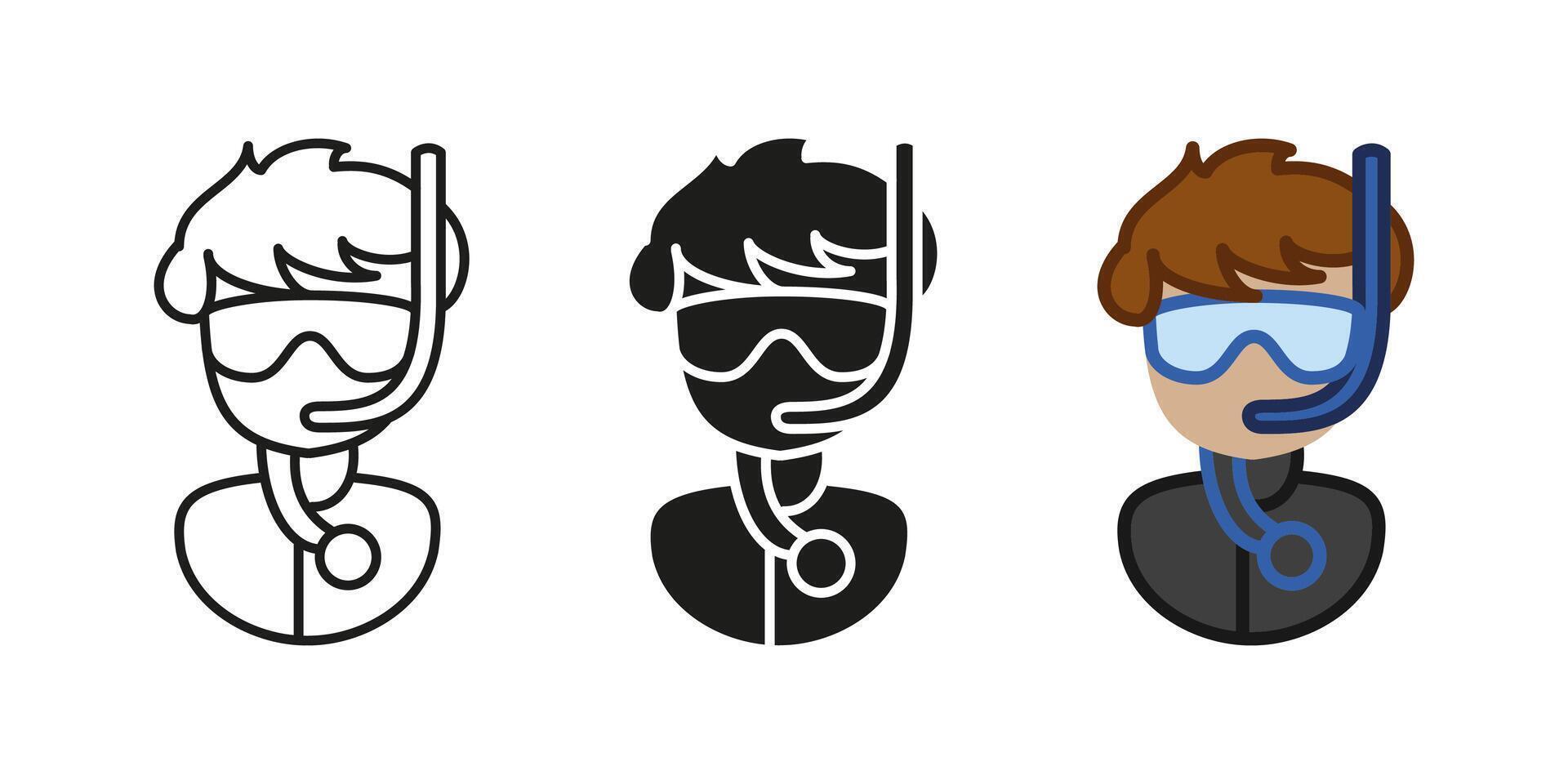 Diver man icon. Snorkeling uniform illustration. Scuba diver character symbol. Swimsuit with diving mask and tube equipment. Diver person wetsuit sign. Underwater swimwear pictogram. Scuba dive vector