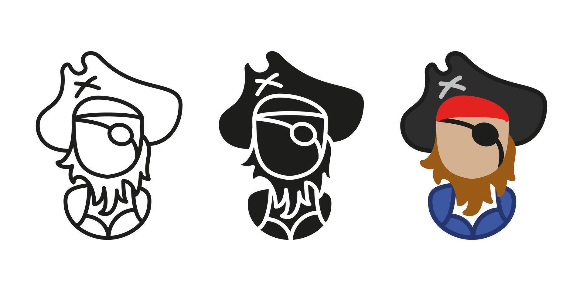 Pirate captain icon. Pirate of the Caribbean character illustration. Corsair robber costume sign. Piracy and adventure symbol. Seaman sailor mascot. One eye pirate captain with hat and bandana. vector