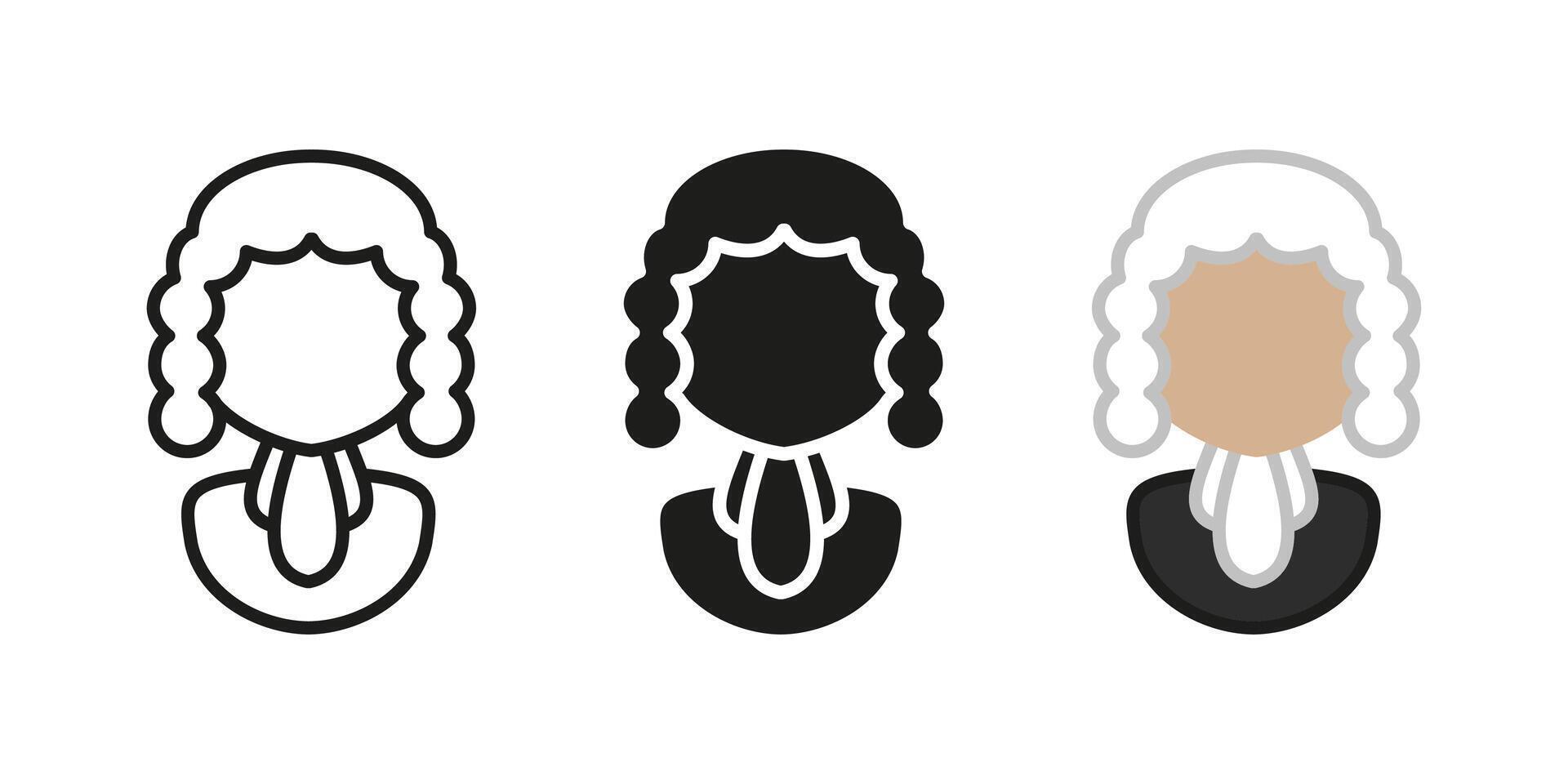 Judge man icon. Lawyer character with wig illustration. Advocate uniform symbol. Lawsuit judgement profession. Your Honor person. Judicial worker sign. Juridical barrister pictogram. Judge wig. vector