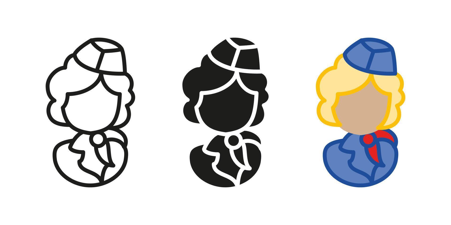 Air hostess icon. Stewardess uniform illustration. Flight attendant female character symbol. Airline service woman sign. Plane aviation assistant pictogram. Pilot aviation crew. Travel worker. vector