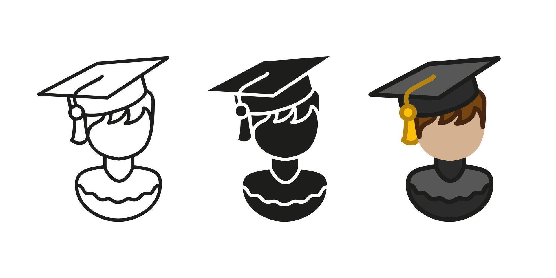 Graduate student icon. Pupil person graduation character illustration. University hat or cap. College schoolboy portrait. Academic education uniform. Graduation ceremony man. Student concept. vector