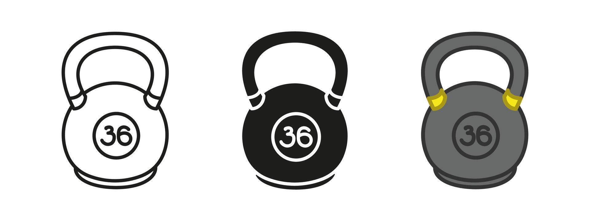 Heavy weight icon. Kettlebell with KG sign. Lifting weights symbol. Dumbbell 36 kilogram illustration. Bodybuilding gym equipment pictogram. Strength sport training fitness concept isolated. vector