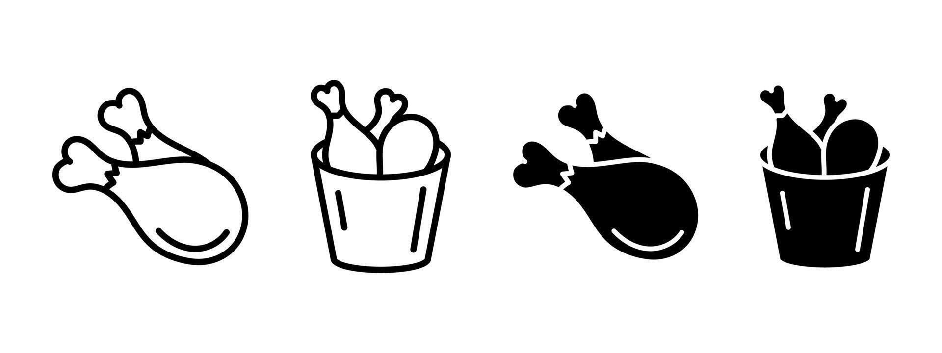 Fried chicken bucket icon. Crispy chicken legs illustration. Roast drumstick symbol. Fast food meal sign. Tasty meat snack pictogram. Chicken nuggets box concept outline, line, black isolated. vector