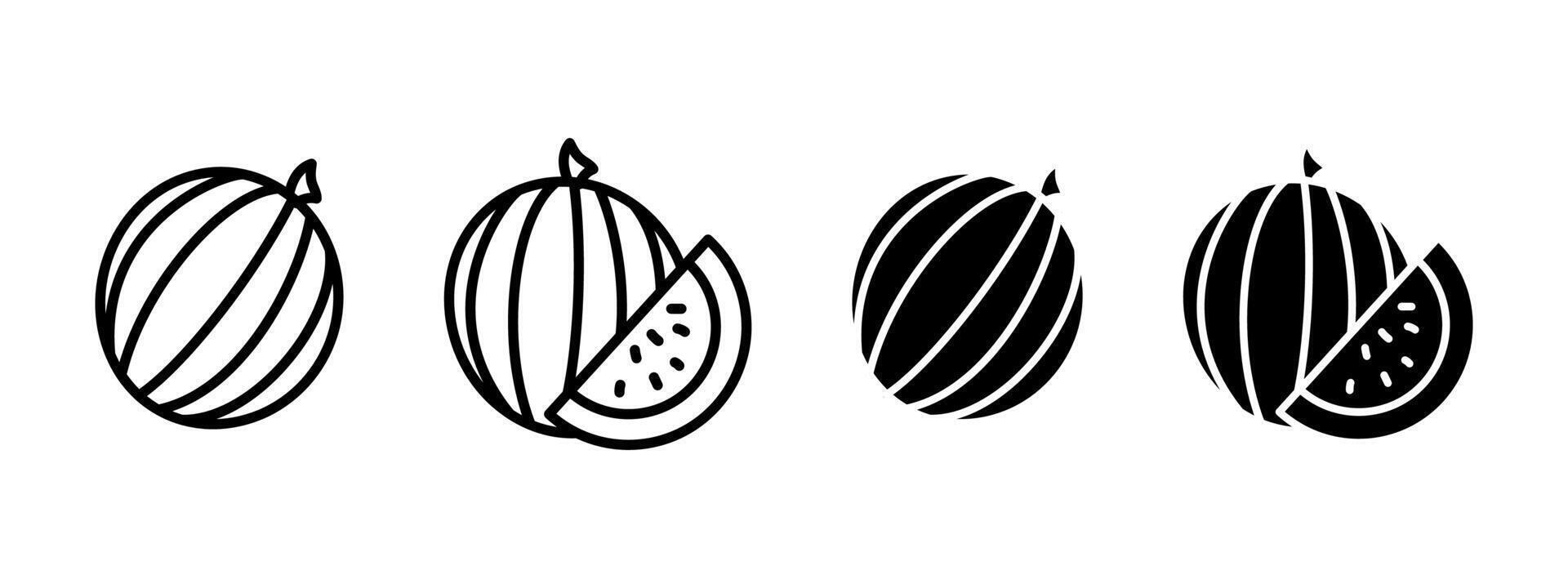 Watermelon icon. Striped water melon illustration. Melon slice symbol. Sliced melon sign. Fresh and juicy summer fruit pictogram outline, line, black isolated on white background. vector